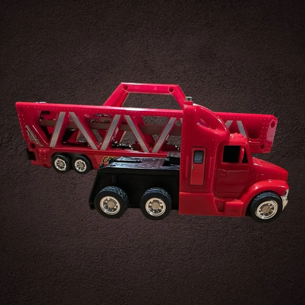Vintage 1997 Hot Wheels Red Semi Truck and Car Transporter And 5 Cars